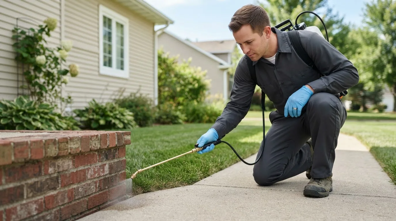 Pest control technician treating a home near New Site, MS